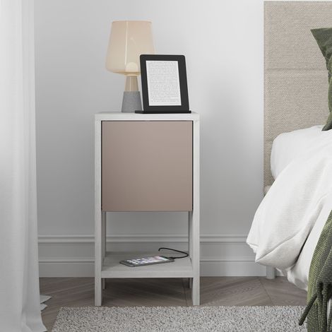 Decortie Ema Table de chevet moderne avec rangement Armoire à portes abattantes Ancient White Mocha Grey 30cm Width