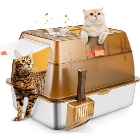 Cat Litter Tray Enclosed Stainless Steel Cat Litter Tray with Lid, Extra Large Cat Litter Tray for Large Cats, Metal High Sides Litter Tray with Scoop, Odor Control (1/5)