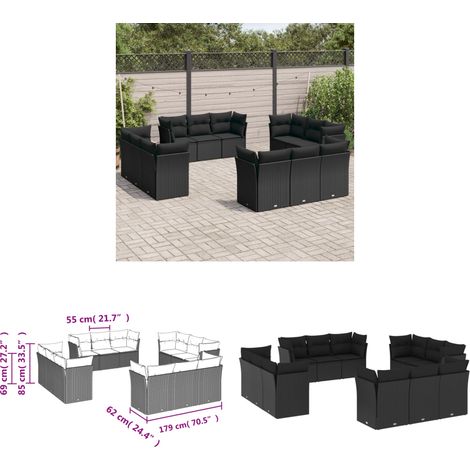 12-tlg. Garten-Sofagarnitur mit Kissen Schwarz Poly Rattan - Gartensortiment - Outdoor Möbel - Lounge Set - Rattan Sofa - Gartenlounge - Home & Living (1/3)