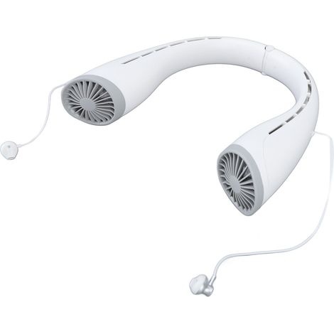 Ventilateur de cou Bluetooth avec écouteurs intégrés, rechargeable par USB, 4000 mAh, mains libres, sans pales, silencieux et portable (blanc). (1/5)
