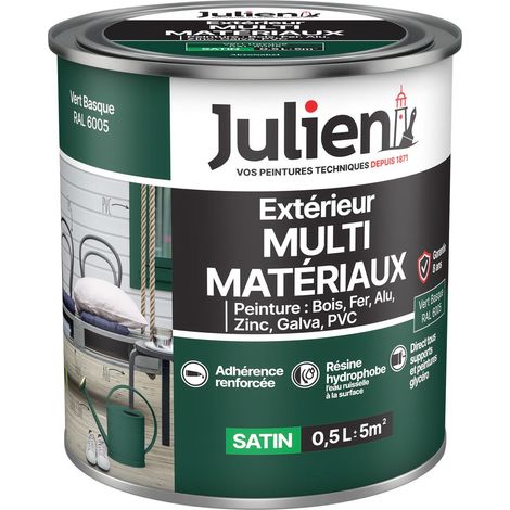 Julien Peinture Multi-Matériaux Satin en phase Aqueuse - Bois, Fer, Alu, PVC, Zinc, Acier galvanisé, brut ou peint - Vert Basque 0,5 L