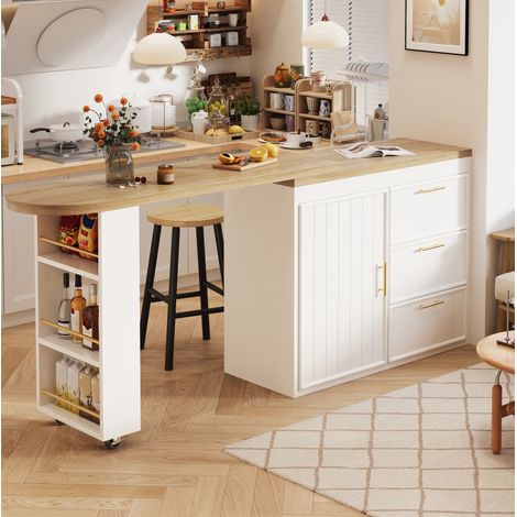 Bartisch MDF Weiß 128-203x39x90 cm, 360° drehbar, 3 Schubladen, verstellbare Einlegeböden, Seitenablage, Kippschutz (1/5)
