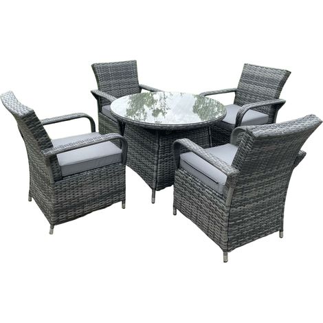 Fimous Rattan Gartenmöbel Essplatz Tisch und Stuhl Set Wicker Patio 4 Stühle Plus Runde Klar Gehärtetes Glas Tisch (1/5)