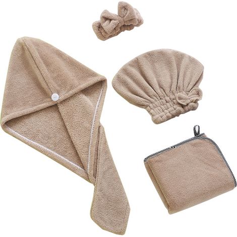 Juego de toallas de microfibra para el cabello  Elementos protectores – Dimensiones: Toalla 35 x 75 cm, diadema 7 x 18 cm, gorro princesa 28 x 22 cm, gorro triangular 22 x 63 cm  Juego de 1 pieza