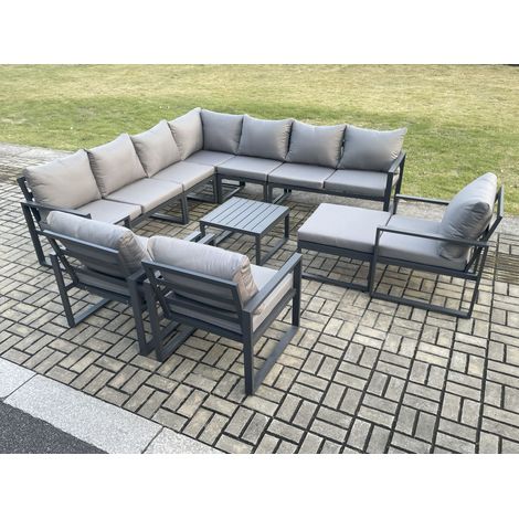 Fimous Outdoor Garden Furniture Patio Lounge Corner Sofa Aluminium Set with Square Coffee Table Big Footstool 3 Chair Dark Grey (1/5)