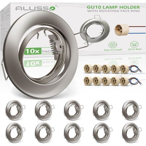 Lot de 10 spots LED encastrables GU10 - 230 V - Avec douille GU10 - 68 mm - Pivotant à 30° - Cadre en fer pour ampoules LED ou halogènes - Nickel (1/5)