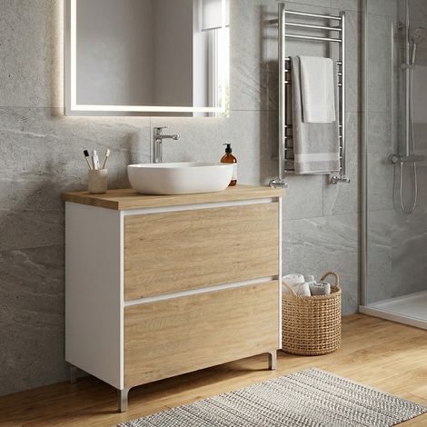Meuble vasque à poser L.80cm sur pied Blanc laqué 2 tiroirs Chêne naturel LISBONA - sans colonne