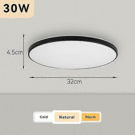 Plafonnier moderne rond 50W 40W 30W 18W LED ultra-lumineuse pour salon, chambre, salle de bain, blanc froid, blanc chaud (lumière neutre 30W 32cm noir) (1/5)