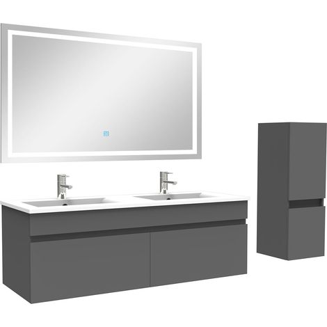 Biubiubath Ensemble de meuble Salle de Bain 120cm Anthracite + vasque + miroir lumineux + colonne (1/5)