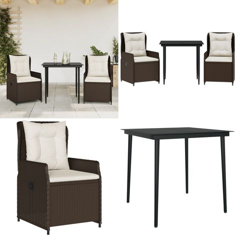 Ensemble à manger de jardin 3 pcs et coussins marron poly rotin - Chaise de jardin - Table de jardin (1/5)