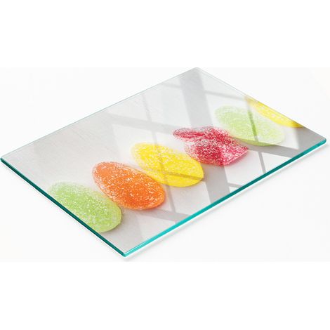 Tabla de cocina decorativa de cristal con diseño de caramelos de goma de colores, 80x52 cm. (1/5)