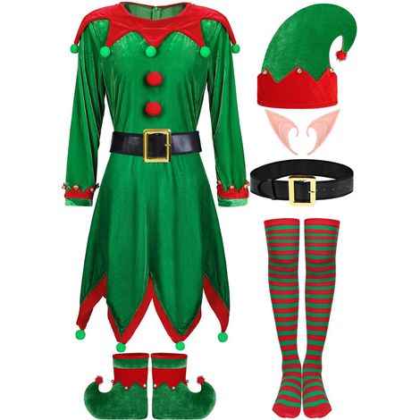 Ensemble de costume d'elfe de Noël pour femme (lot de 6) : robe en velours d'assistante du Père Noël avec chapeau d'elfe, chaussures, oreilles, ceinture et chaussettes. Tenue complète pour les fêtes d (1/5)