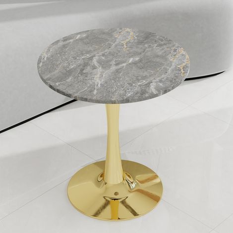 Table basse dorée 27,6 pouces, table à manger style moderne mid-century, 2-4 personnes, plateau marbre rond veiné gris foncé (1/5)