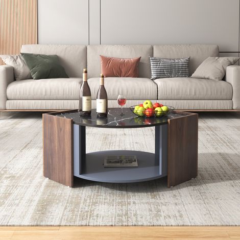 Table basse ovale design, effet marbre noir et bois de noyer avec étagère inférieure de rangement, meuble de salon moderne, 96,5 x 63 x 40 cm (1/5)