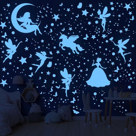 470 Autocollants muraux phosphorescents, étoiles, licorne, papillon, fée, décoration chambre enfant fille (1/5)