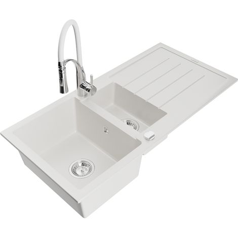 Mexen Andres évier en granit 1,5 cuves avec égouttoir et robinet Aster, blanc - 6515-20-73450-02 (1/5)