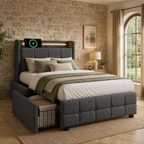 Lit rembourré doté d'une tête de lit avec port de charge USB, éclairage LED et deux tiroirs  lit une place (90 x 200 cm) avec rangement, incluant le cadre de lit et le sommier à lattes en bois, de cou (1/5)