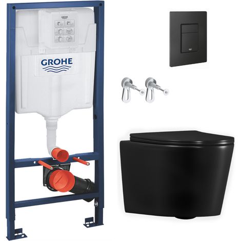 WC-Set Grohe Rapid SL + Ceramia Tornado Rimless Schwarz Matt SoftClose + Grohe Even Betätigungsplatte Schwarz (RSLBLCETORKF0-IN)