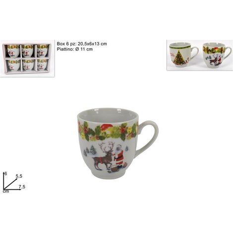 Set 6 Tazzine Tazze da Caffè in Ceramica senza Piattini Decoro Natale