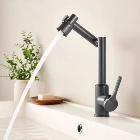 Stainless Steel Lucky Cat Hot and Cold Water Faucet for Home Bathrooms, with Mechanical Arm and Universal Rotating Design - Gunmetal Gray Version [Three Water Speeds]