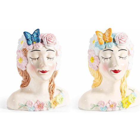 Vasi decorativi in ceramica a forma di volto di ragazza con corona di fiori e farfalla, set da 4 pezzi, cm 11,5 x 9,5 x 14,5 H