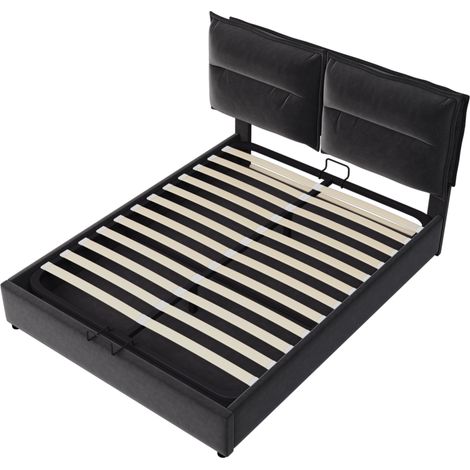 Letto matrimoniale contenitore idraulico 140x200 cm in velluto nero con testiera regolabile HOMVRA (1/5)