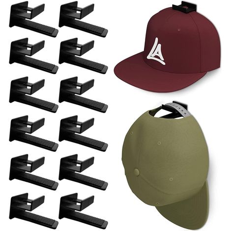 Adhesive Hat Rack Display Haken für Wand & Tür (12 Stück) Baseball Cap Halter, Schrank & Aufbewahrungs-Organizer, Starker Kappenaufhänger für Zimmer & Mancave, Ohne Bohren (Schwarz) (1/4)