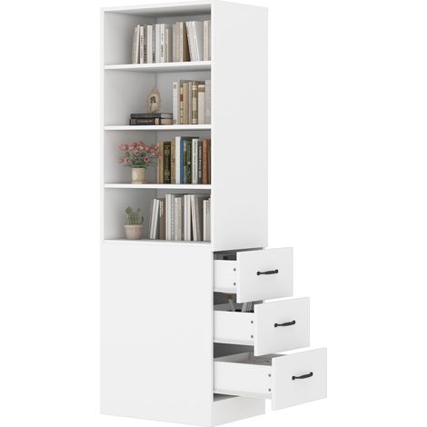 Libreria stretta 60x38x180 cm in truciolare bianco con 3 cassetti salvaspazio - CHICFURN (1/5)