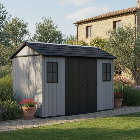 Caseta de Jardín Rockport, Cerrable, Acabado en Resina, Con ventanas, Techo a dos aguas, 230x350x246h cm Gris (1/5)
