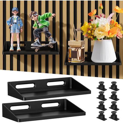 Lot de 2 étagères pour panneau acoustique, étagère murale sans perçage avec 8 vis, panneaux acoustiques noirs, accessoires pour plantes/fleurs et articles de décoration (20 x 10 cm) (1/5)