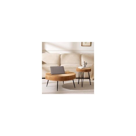 Lot de 2 tables basses rondes en bois au design linéaire, pieds en métal noir, dimensions 77x36 cm et 40x47 cm pour salon (1/5)