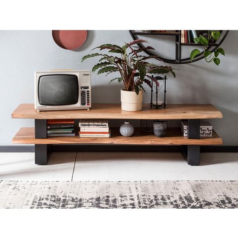 Meuble TV Bas 140 cm en Bois avec Bords d'Arbre Naturels et Pieds Métal Style Industriel - PANGIVO (1/5)
