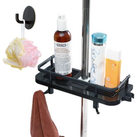 Plastic Adjustable Telescopic Shower Shelf, Bathroom Shelves,Bathroom Organizer Soap Dish for Storing Shampoo Soap, No Drill Mounting for 18mm-25mm, Black (1/4)