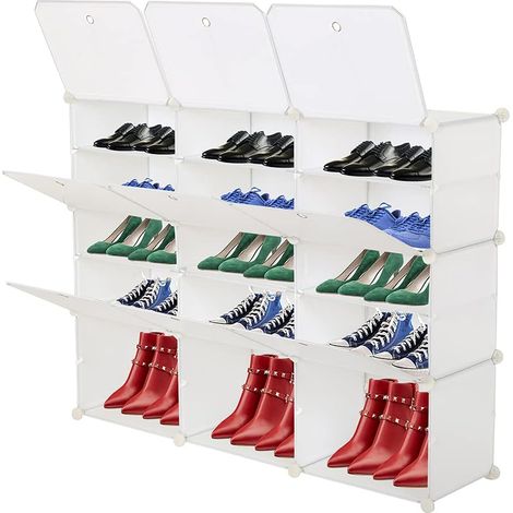 Armoire à Chaussures Portable 15 Cube, 30 Paires, Chaque Casier 30x40x30cm, pour Chaussures, Bottes, Pantoufles, Blanc