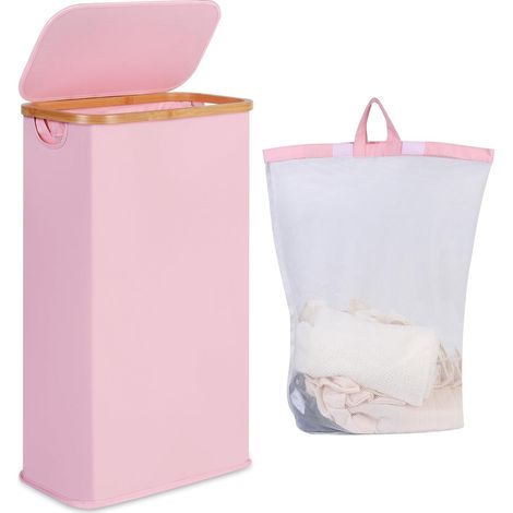 Panier à linge de 60 L avec couvercle, panier à linge étroit avec sac intérieur amovible et lavable, panier à linge pliable pour chambre, buanderie et salle de bain (rose) (1/5)