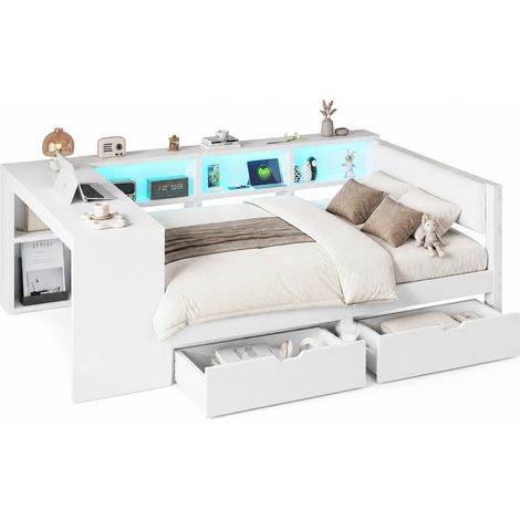 Lit plateforme 140x200 avec rangements, 2 tiroirs, LED 7 couleurs, station de charge USB et tête de lit rembourrée blanche  CHICFURN (1/5)
