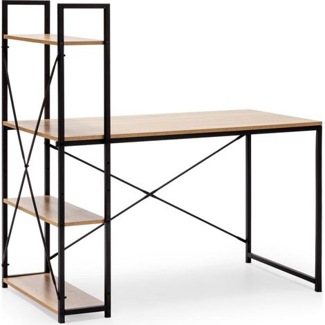 Bureau Lidia noir, 3 étagères, style industriel, 120 cm longueur (1/4)