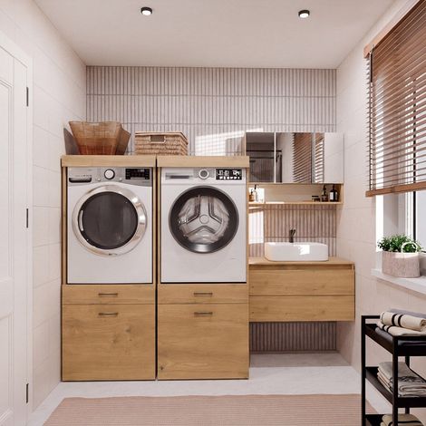 Topeshop – Serrure de salle de bain POLA 2S pour lave-linge jusqu'à 60 cm – 2 tiroirs pratiques – Décor chêne artisan – Hauteur 92 cm