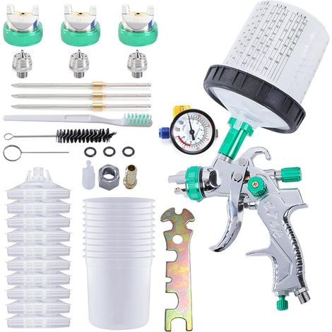 Pistolet à Peinture Pneumatique avec 10 Godets - Pistolets à Peinture et Accessoires Complets pour Réparation Auto, Pistolet Pulvérisateur Vert (Diamètres 1.4/1.7/2.0mm) (1/5)