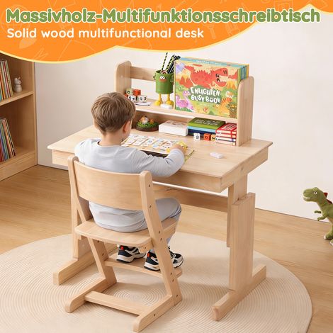 Bureau enfant en bois massif réglable en hauteur, table multifonction avec plateau rabattable, porte-livres intégré, certifié sécurité, idéal pour enfants dès 6 ans (1/5)