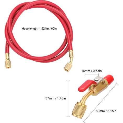 Tuyau de charge de réfrigérant pour climatisation R134A, R12 et R22, filetage SAE 1/4", longueur 1,524 m (60"), tube rouge/jaune/bleu avec vanne à bille (1/4)