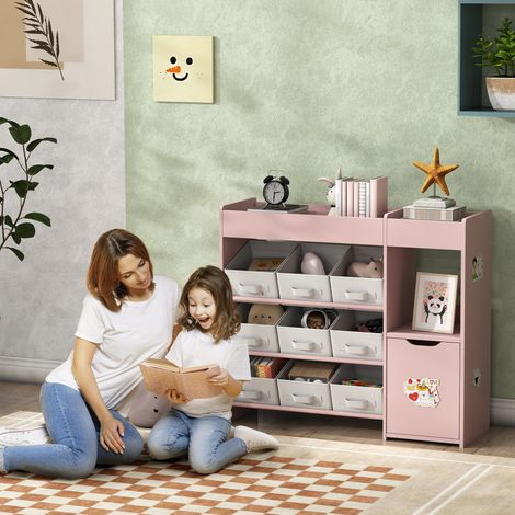 rose, Meuble rangement enfant étagère de rangement pour jouets enfants avec 9 tiroirs en tissu et placard (1/5)