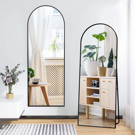 Standspiegel 173x63 cm in Bogenform - Schwarzer Bodenspiegel mit ausklappbarer Stütze - Großer gewölbter Wandspiegel für Schlafzimmer oder Wohnzimmer - Stilvolles Vintage-Design