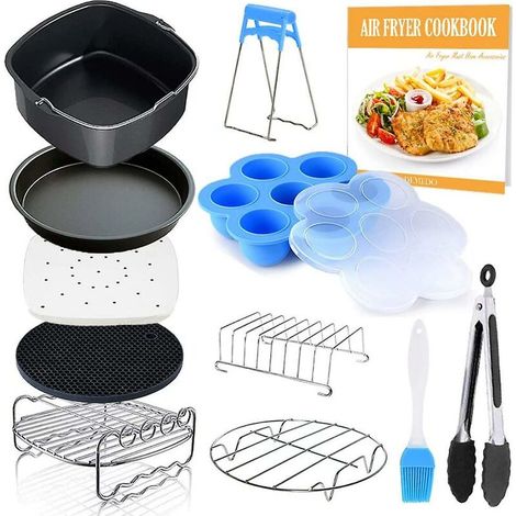 11 Piece Square Air Fryer Accessories with Recipe Book Compatible for Philips Air Fryer, Cosori and Other Airfryers and Square Ovens, Deluxe Deep Fry