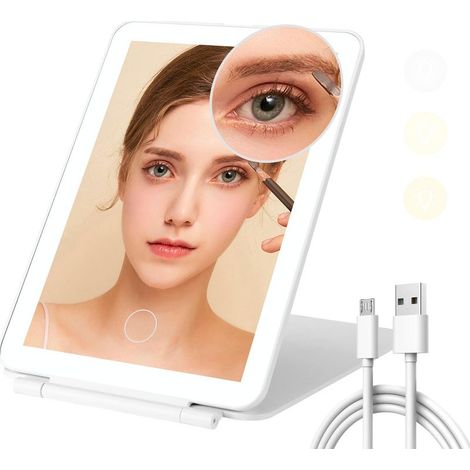 Miroir cosmétique pliable, éclairage 3 couleurs, intensité variable, mini miroir grossissant 10x, écran tactile rechargeable (1/5)