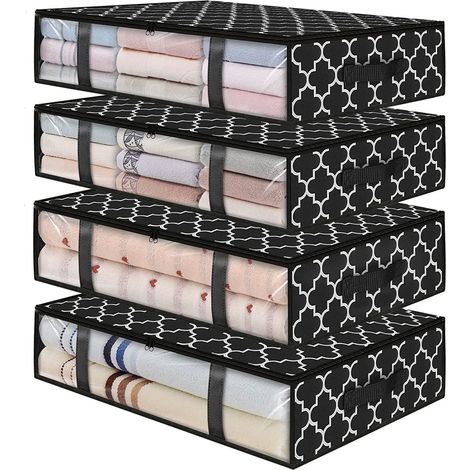 Lot de 4 sacs de rangement pour vêtements sous le lit, bacs de rangement pliables avec fenêtres transparentes et poignées renforcées, Noir (1/5)