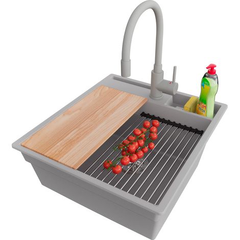 PRIMAGRAN Evier Cuisine en Granit 48x53cm,Lavabo 1 bac + Robinet 38x14cm + Kit de Vidage + Accessoires, Évier à Encastrer au meuble 50cm - Oslo Pocket, Gris (1/5)