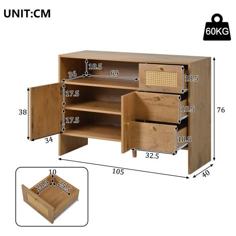 Buffet de rangement en bois avec rotin – Meuble pour cuisine et salon, dimensions 105 x 40 x 76 cm – Style naturel et aéré (1/5)