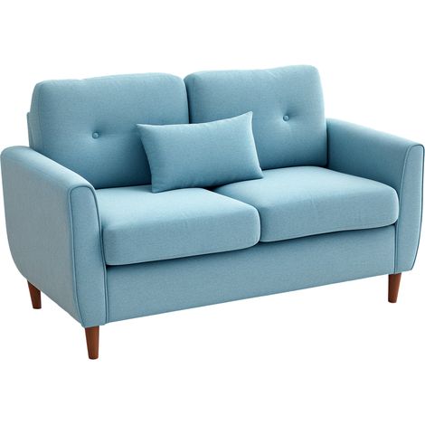 HOMCOM sofá de 2 plazas tapizado en lino sintético, sofá de salón moderno con reposabrazos, patas de madera, cojín decorativo,140x78x83 cm, azul claro (1/5)
