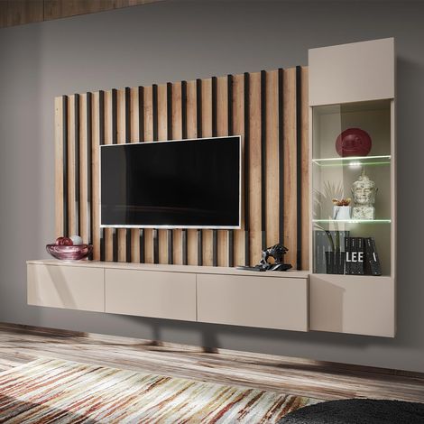 Ensemble Meuble TV à Lattes "Verti" 220cm Beige